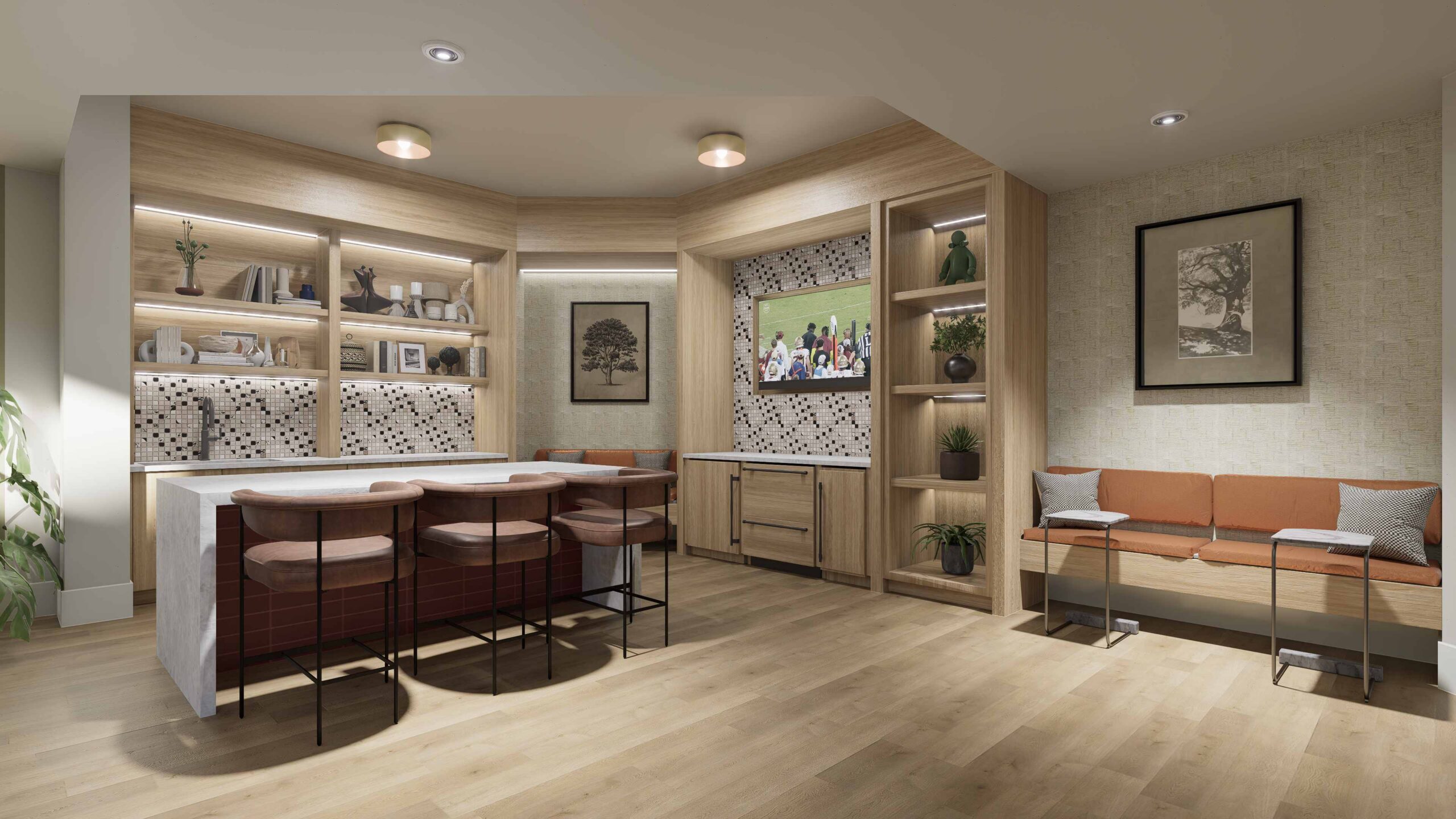 Clubhouse lounge with TV and bar seating