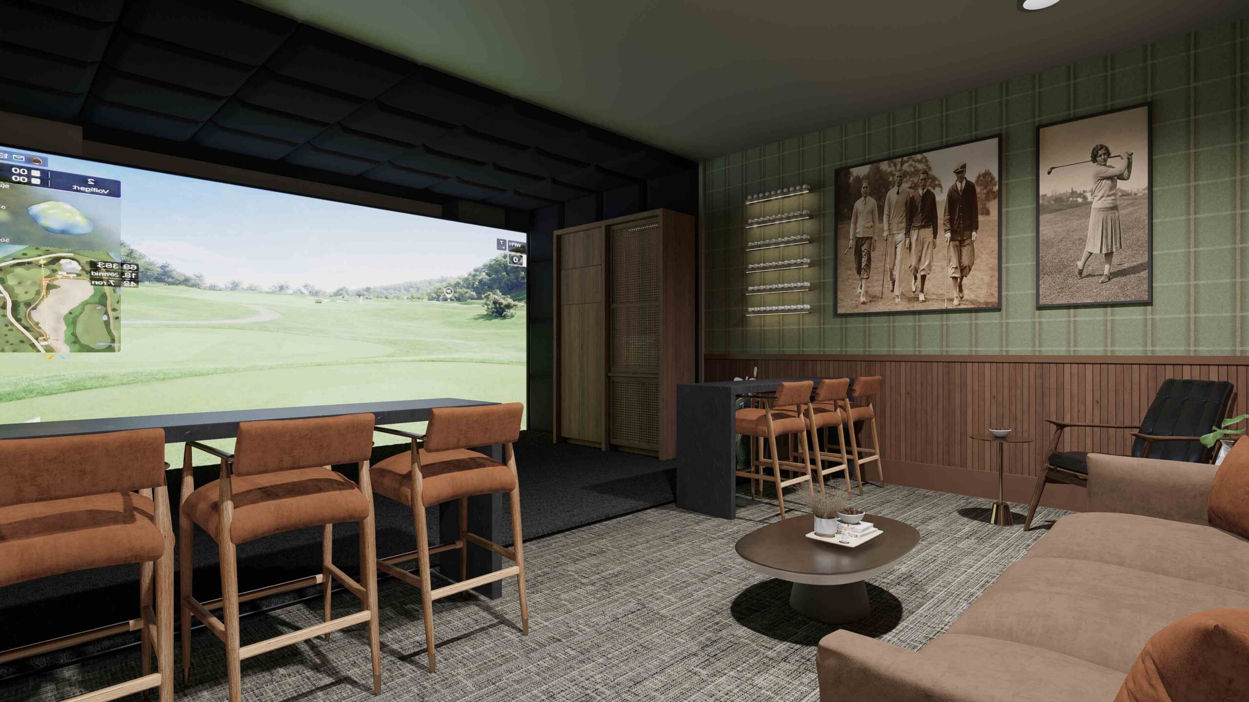 Upscale lounge area and multi-sport simulator