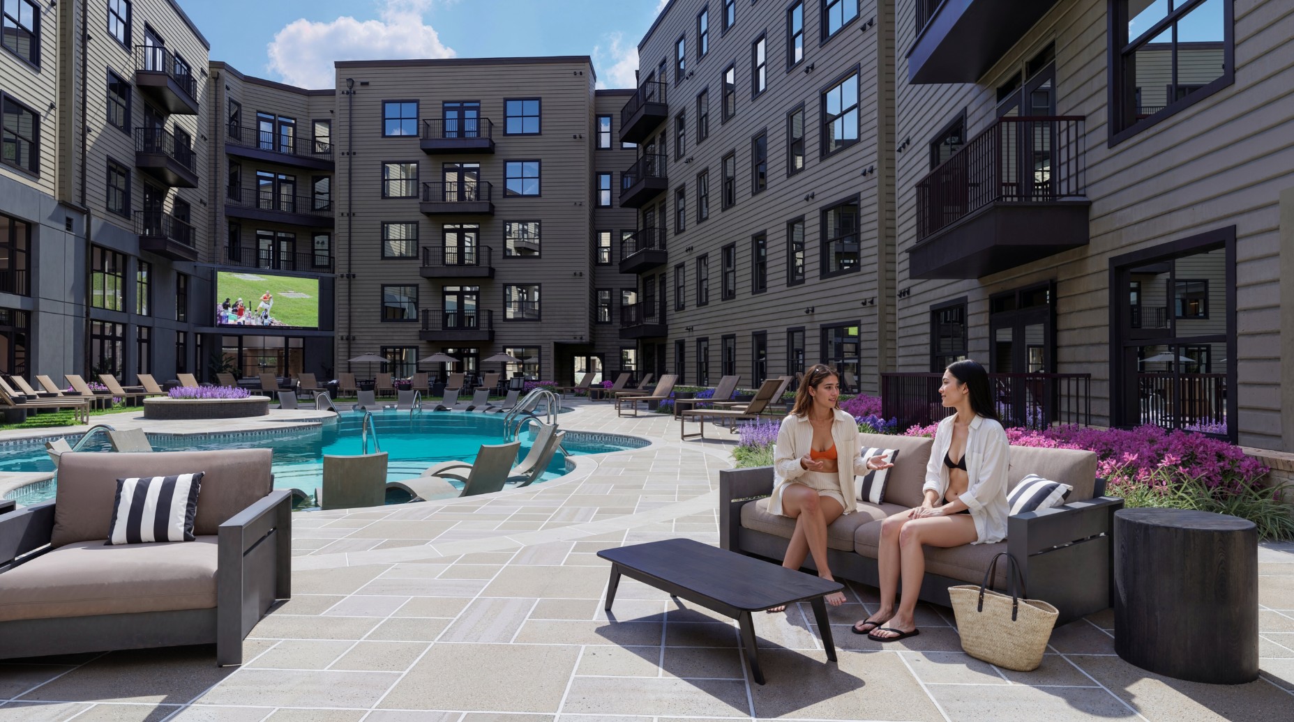 Rendering of residents at the poolside lounge at 114 Earle