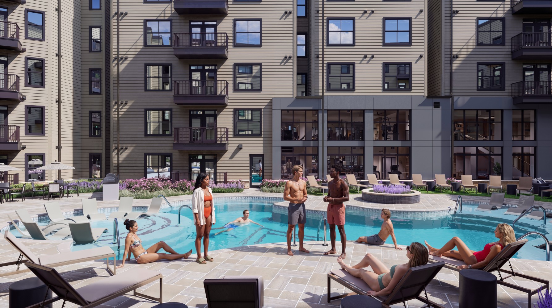 Residents enjoying the upgraded resort-style swimming pool at 114 Earle