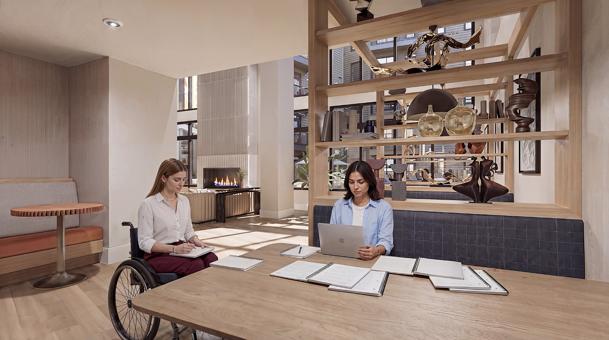 Rendering of residents studying in the renovated clubhouse of 114 Earle