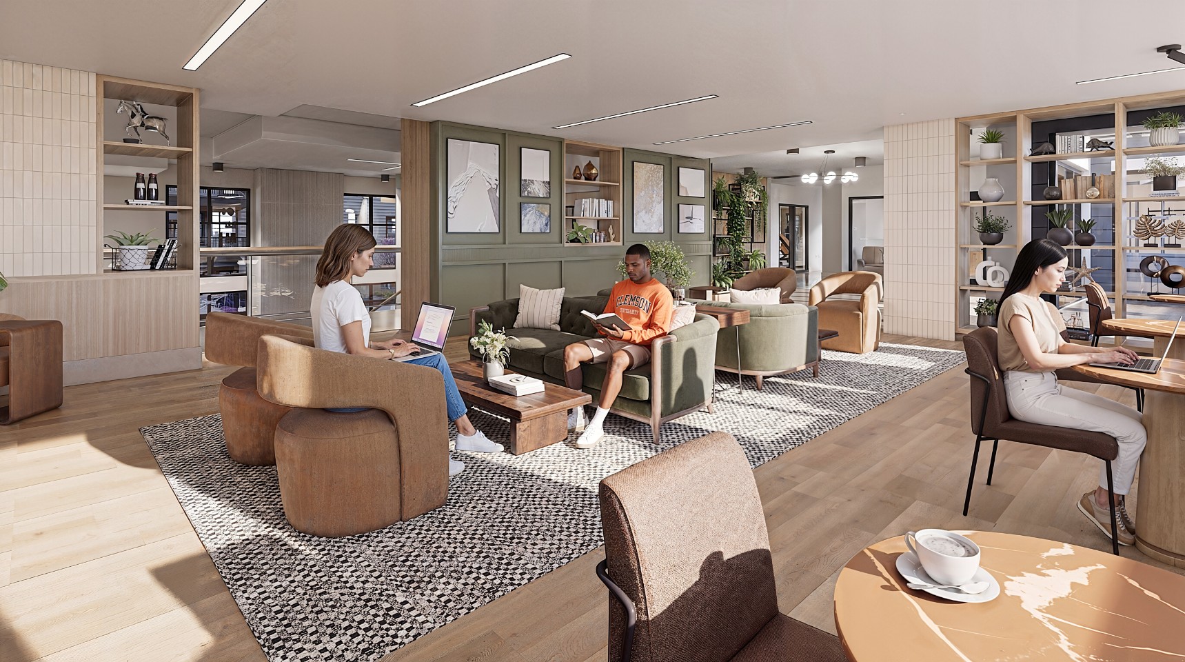 Rendering of residents studying in the coffee lounge at 114 Earle