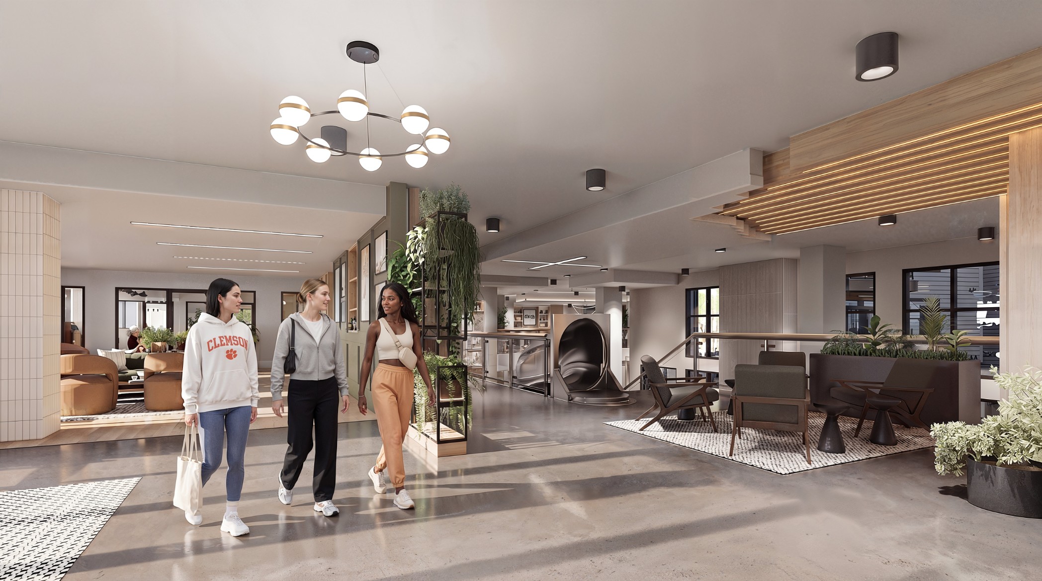 Rendering of residents in the clubhouse entry and coffee lounge at 114 Earle