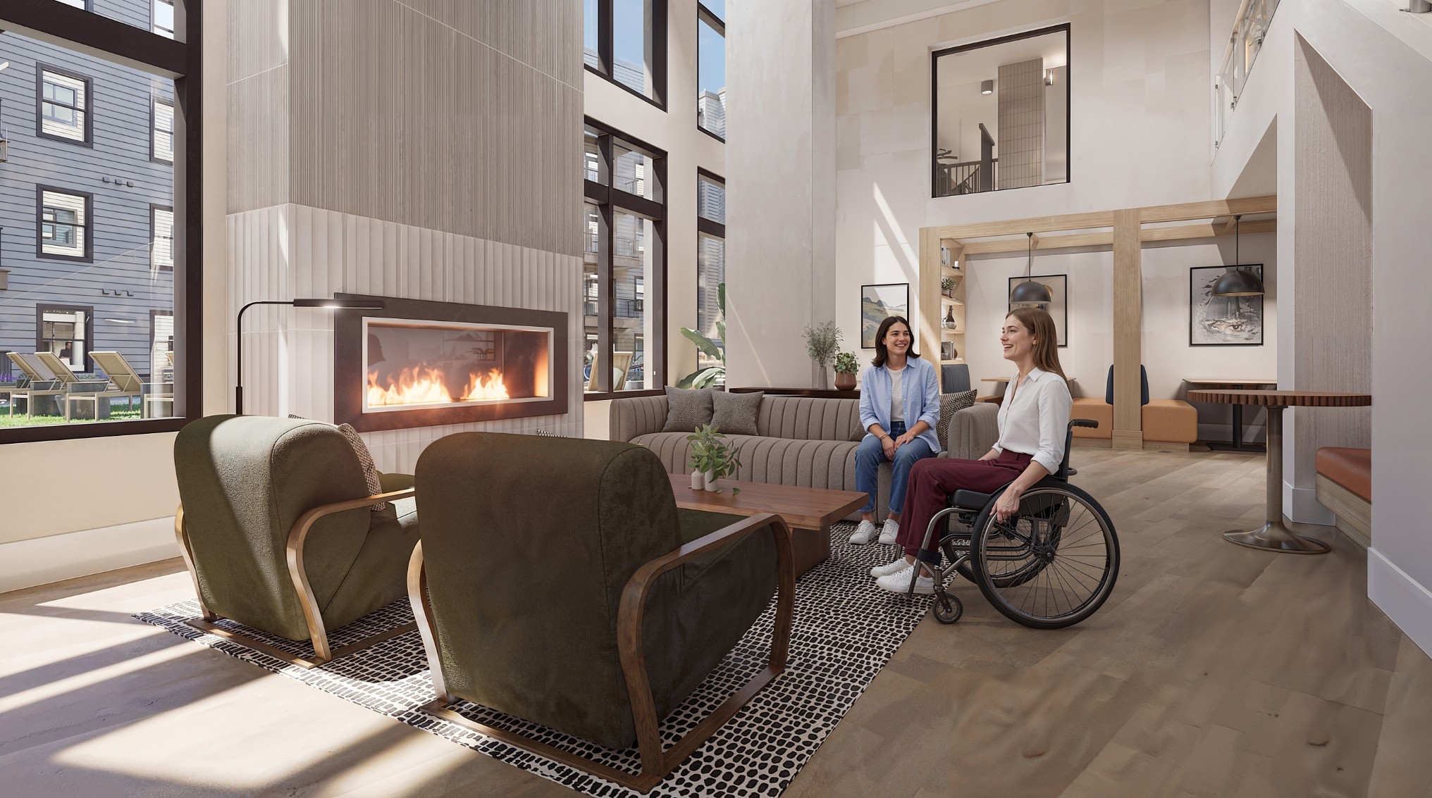 Rendering of residents enjoying the fireplace lounge at 114 Earle