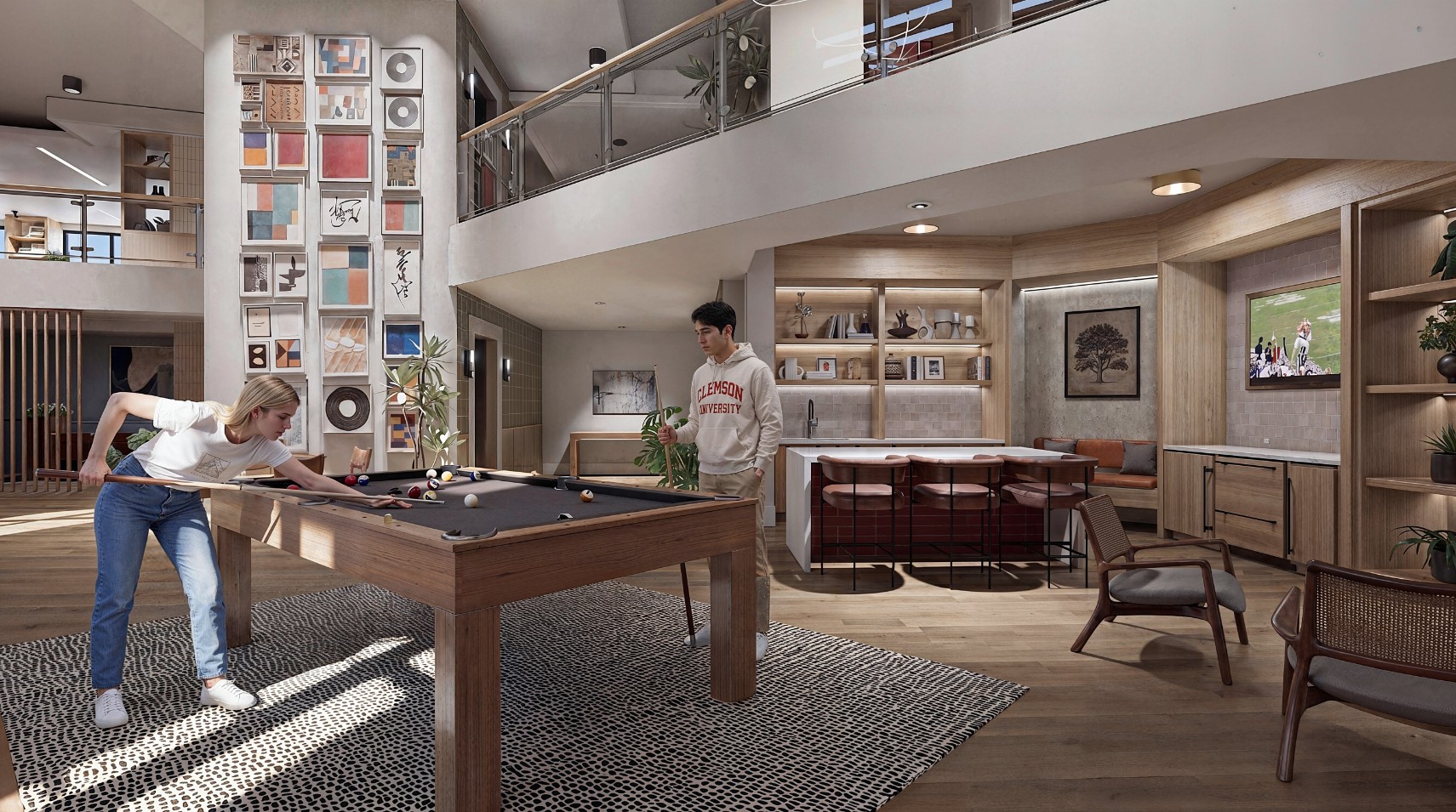 Rendering of residents playing pool in the renovated clubhouse at 114 Earle