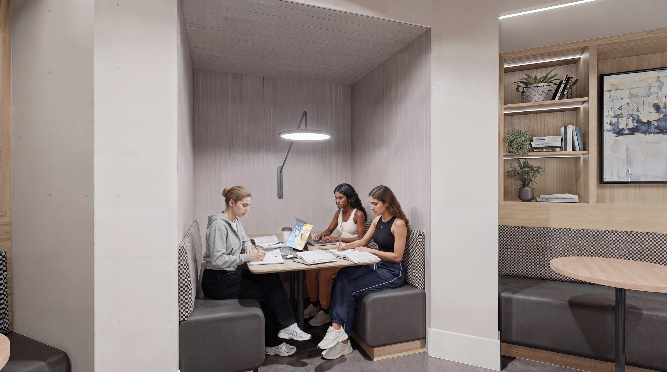 Rendering of residents studying in a booth in the open study lounge at 114 Earle