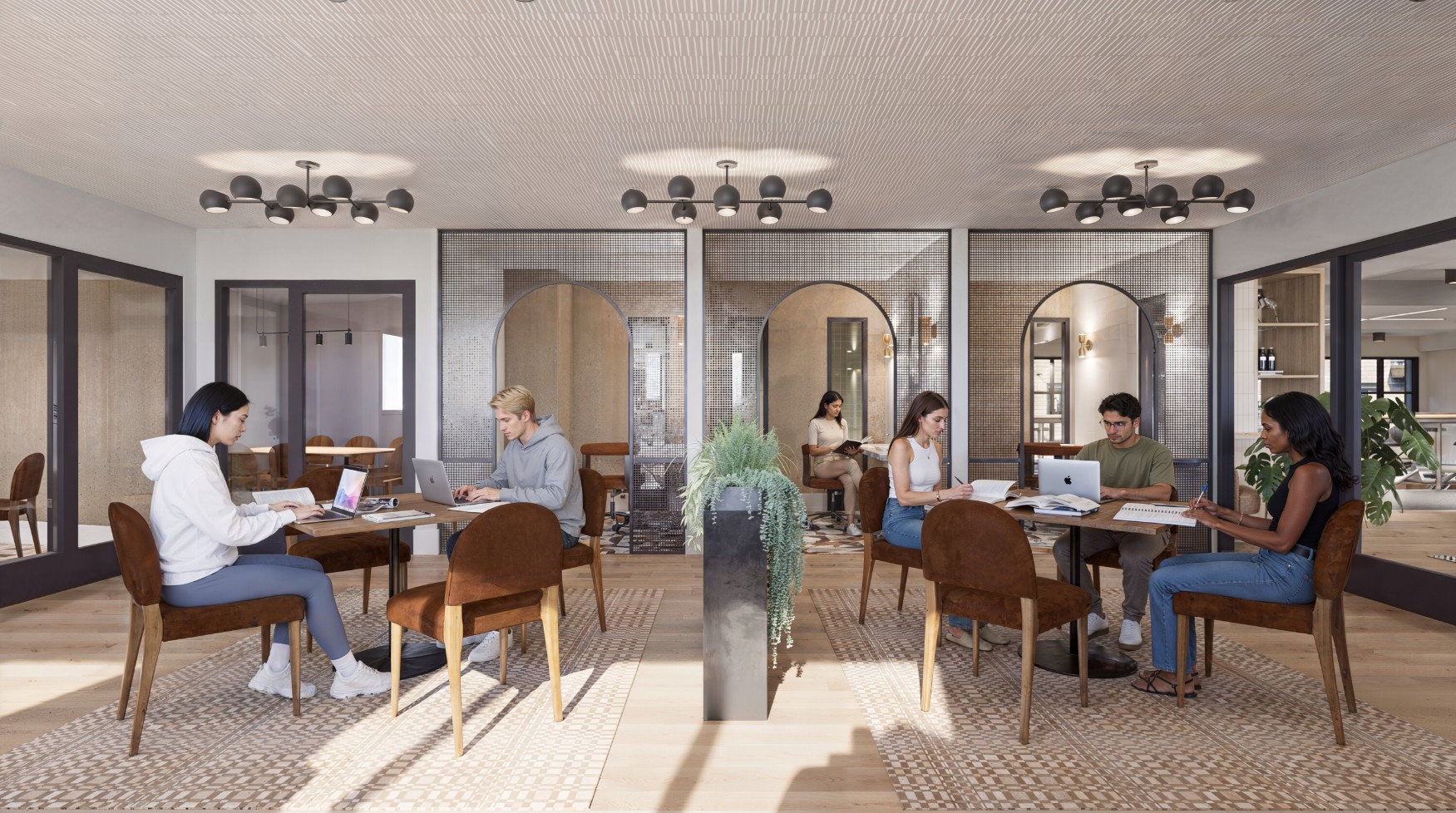 Rendering of residents studying in the renovated study lounge at 114 Earle
